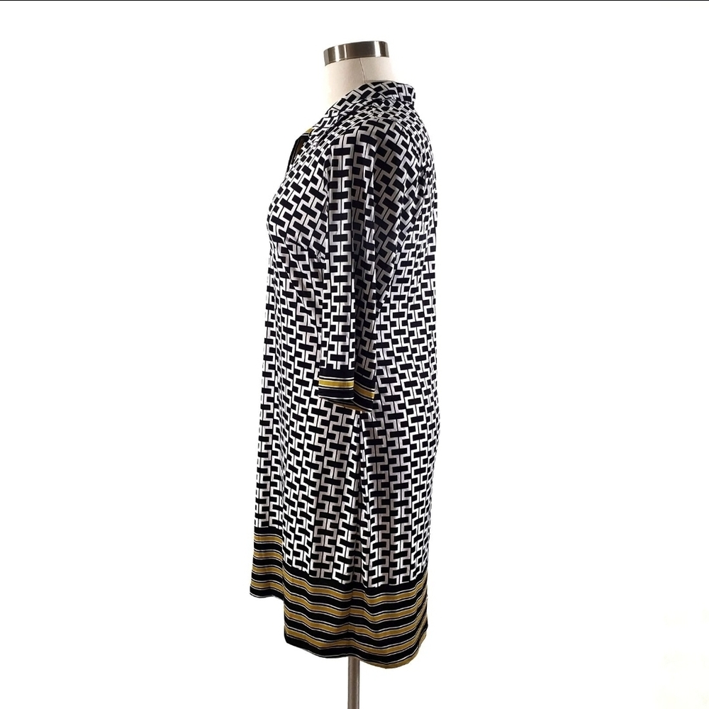 Mlle Gabrielle Black White Geometric Print Dress Yellow Trim 3/4 Sleeves - Picture 4 of 6